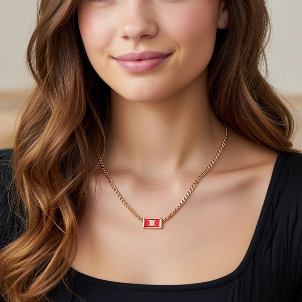 CELINE Vintage Macadam Gold Necklace with Red Enamel Triomphe Logo - Picture 7 of 7